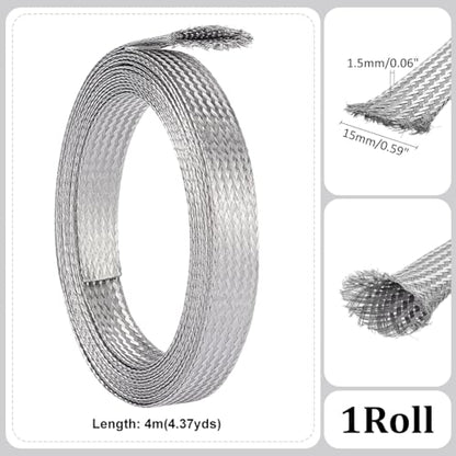 UNICRAFTALE 0.59" Wide Stainless Steel Braided Sleeving Braid 13.12 Feet Cable Wire Shielding Sleeve Ground Straps Protection Metal Mesh Flexible Expandable Scalable Ribbon Wire for Protect Cable - size: 4m x 15mm