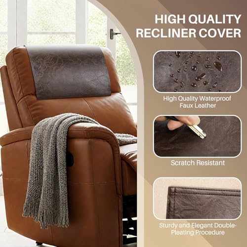 Recliner Headrest Protector,Non Slip Waterproof Headrest Cover,Leather Recliner Headrest Cover for Sofa,Furniture,Living Room,Office Chair (Chocolate Brown) - color: Chocolate Brown, size: Hook & Loop
