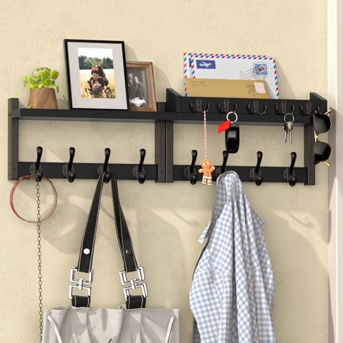 35'' Long Black Coat Rack Wall Mount with Shelf, Solid Wood Coat and Key Hanger with 13 Metal Hooks, Farmhouse Wall Organizer for Mail, Entryway Wall Hangers for Hats, Clothes, Backpacks - color: Black, size: 35Inch