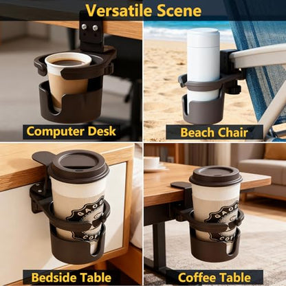 Desk Cup Holder Clip On 360° Rotating Clamp,Deeper Anti-Spill Drink Holders for Water Bottles & Coffee Mugs,Adjustable Clamp Fits Screw On Table for Drinks,Office,Gaming Desk,Home,Black - size: 3.62"L x 3.62"W x 3.5"H