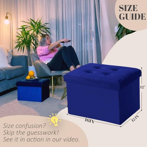 LINMAGCO Small Velvet Ottoman with Storage Rectangle Foot Rest Under Desk Stool for Room Folding Ottoman Furniture with Button turfted-Navy 16X12X12IN - color: Navy(velvet), size: 12"D x 16"W x 12"H