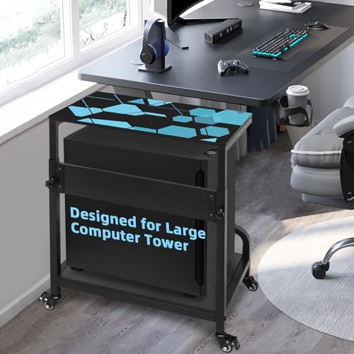 Adjustable Computer Tower Stand Large with Guardrail, 2 Tier Gaming PC Tower Stand for ATX, E-ATX, ITX, Rolling Floor Cart with Locking Metal Wheels, 32.7" X 21.6" X 15.8"