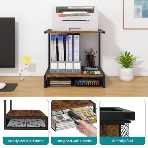 ELITEROO 2-Tier Desktop Printer Stand with Storage Drawer, Wooden Printer Stand for Desk, Small Printer Table with Shelf for Home Office, Fits Fax Machine, Scanner, 3D Printer, Rustic Brown - color: Rustic Brown with Drawer