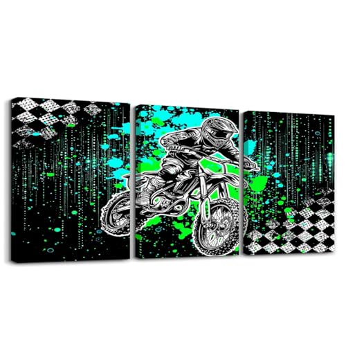 Feelyou Kids Boys 3 Piece Sport Motorcycle Canvas Wall Art for Living Room Dirt Bike Motocross Picture Wall Decor for Dining Room Bedroom Bathroom Wall Art Kitchen Print Painting for Home Decorations - color: Black Green