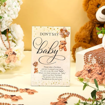 Roowest 51 Don't Say Baby Shower Game Wooden Sign Table Decor Gift Sets 50 Necklaces Felt Bear Pattern Necklaces for Baby Shower Gender Reveal Games Party Favor(Brown)