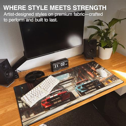 MPCO. Manga Motors Large Gaming Desk Pad - 36" x 17" Duraglyde Fabric Megumis-Mustangs Desk Mats - Washable, Smooth Glide for Precision Gaming & Work - color: DuraGlyde Megumis-Mustangs