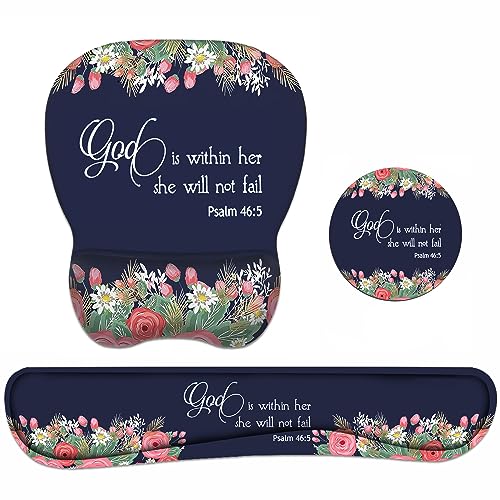 Ergonomic Mouse Pad Wrist Support and Keyboard Wrist Rest Set with Coasters, Non-Slip PU Base, Easy Typing & Pain Relief, Perfect for Home Office Working Studying, Floral Quote Bible Verse Psalm 46:5 - color: Floral Quote Bible Verse Psalm 46:5