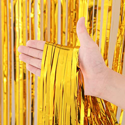 Voircoloria 3 Pack 3.3x8.2 Feet Gold Foil Fringe Backdrop Curtains, Tinsel Streamers, Fringe Backdrop for 2025 New Years Eve, Graduation, Birthday, Baby Shower, Gender Reveal, Disco Party - color: 05 Gold