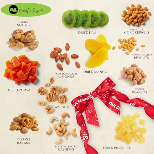 NUT CRAVINGS - Dried Fruit & Mixed Nuts Gift Basket in Reusable Wooden Tray + Ribbon (12 Assortments) Food Arrangement, Healthy Snack Care Package, Kosher - style: 6. Red Ribbon Dried Fruits & Nuts Wooden Tray