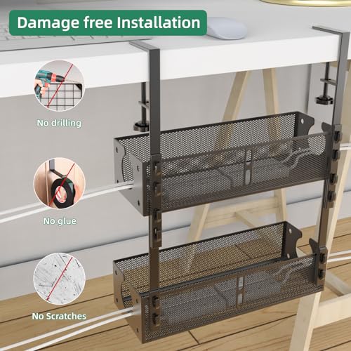 Multi-Model Under Desk Cable Management Tray 2 Packs Metal Under Desk Wire Management Clamp Mount Under Table Cord Management No Damage The Desk (Black)