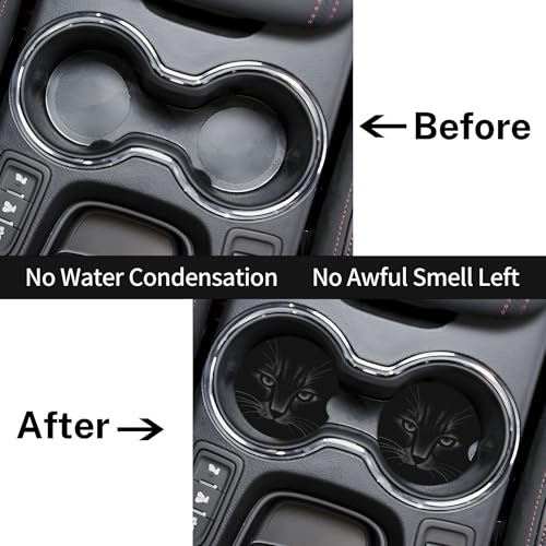 Black Cat Art Car Cup Holder Coasters 2 Pack Universal 2.63 Inch Anti Slip Ceramic Absorbent Coaster with Cork Base and Finger Notch Cute Car Accessories Interior for Women - color: Gray