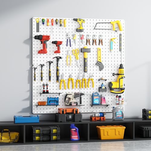 Peg Board, Total 32” x 32”, 68PCS Heavy Duty Metal Pegboard with Hooks, 4 Pack White Peg Board Panels, 50lbs Load Capacity Each, Pegboard Wall Organizer for Garage, Workshop, Craft Rooms - color: White, size: 16“×16”-4PCS（with Hooks）