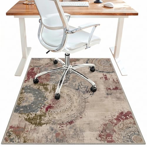 Office Chair Mat for Hardwood Tile Floor, Abstract 36"X 60" Desk Mats for Office Chair on Rolling Chairs Carpet, Desk Anti-Slip 1/5" Thick Rug for Computer Chair, Thin Low-Pile Floor Mat, Ivory - color: Multi Ivory, size: 36"x60"