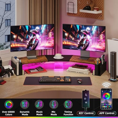 WESTREE Dual Monitor Stand Riser with Pen Holder, Computer Monitor Riser with Adjustable Angle and LED Light, Desktop Monitor Stand Riser Storage Organizer for Computer, Laptop, Printer, TV(Rustic Brown)