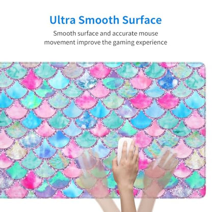 Colorful Pink Blue Glitter Mermaid Scales Mouse Pad Large Gaming Mousepad Non-Slip Rubber Base Keyboard Mouse Mat for Laptop Keyboard Desktop 31.5 x 11.8 inch - color: Blue Pink Glitter Mermaid Scales