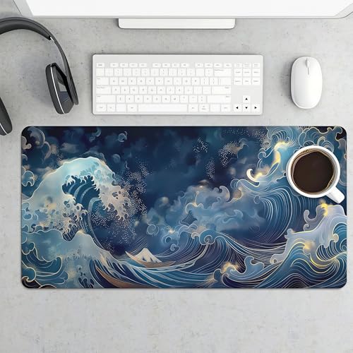 XXL Japanese Wave Gaming Mouse Pad, Extended Keyboard Mat, Blue Ocean Design with Golden Accent, Smooth Surface, Large Desk Mat for PC - color: Japanese wave