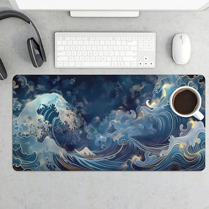 XXL Japanese Wave Gaming Mouse Pad, Extended Keyboard Mat, Blue Ocean Design with Golden Accent, Smooth Surface, Large Desk Mat for PC - color: Japanese wave
