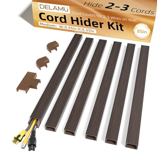 Delamu Cord Hider, 85in Cord Covers for 2-3 Wires on Wall, Self-Adhesive Cable Hider, PVC Wire Hiders Wire Covers for TV Cords on Wall, Easy Mount Cable Cover Raceway Kit, W0.95 H0.55in, Darkwood - color: DarkWood, size: 85in L x 0.95in W x 0.55in H