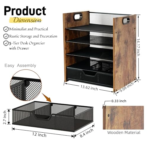 Desk Organizer, 5-Tier Desktop File Organizer with Drawer, Wooden Paper Tray Organizer, Office Desk Organzier and Accessories for Papers, Mail, Notebooks, Stationery - size: 5 Tier Drawer