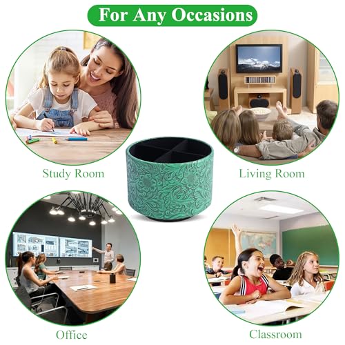 lizimandu Round Leather Art Supply Organizer,Remote Control Holder,360 Degree Spinning,Multi-Functional Pencil Holder,4 Compartments Desktop Stationary Organizer(1-Carved Green) - color: 1-Carved Green