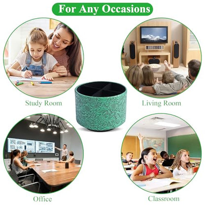 lizimandu Round Leather Art Supply Organizer,Remote Control Holder,360 Degree Spinning,Multi-Functional Pencil Holder,4 Compartments Desktop Stationary Organizer(1-Carved Green) - color: 1-Carved Green