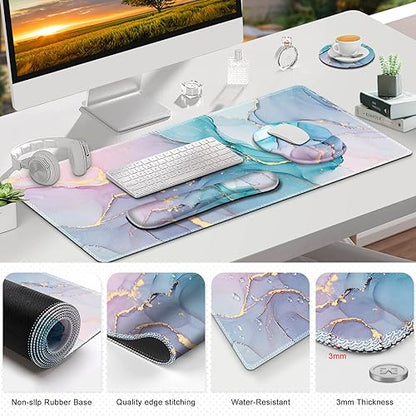 ToLuLu Desk Mat, XXL Large Mouse Pad Wrist Support Set，4 in1 Gaming Mousepad Desk Pad+ Ergonomic Mouse Pad with Wrist Rest + Keyboard Wrist Rest+Coaster for Home Office Computer, Blue Glitter Marble - color: Blue Glitter Marble
