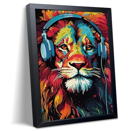 Colorful Lion Wall Art Framed Canvas Print, Lion Wearing Headphones Pop Art Animal Poster, Vibrant Graffiti Music King Wall Decor Painting for Living Room Bedroom Boys Room Home Decor 8x10 Inch - color: A-lion, size: 10"L x 8"W
