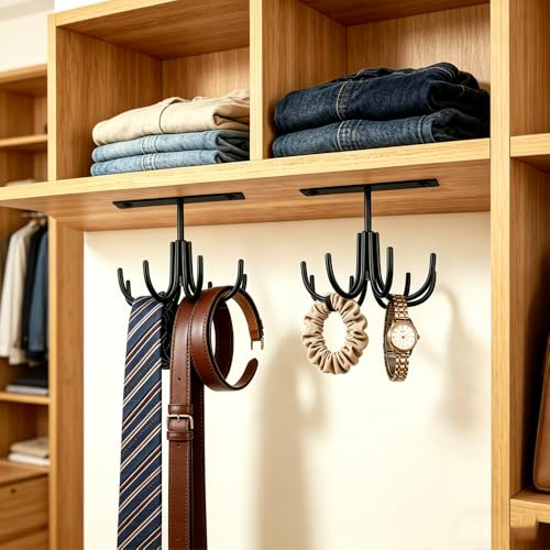 Metal Under Cabinet Kitchen Utensil Hooks,360° Rotating Kitchen Utensil Rack with 8 Hooks,Drilling Free Adhesive Utensils Hanging Rack for Tools/Towel/Knife (Black) - color: Metal-black