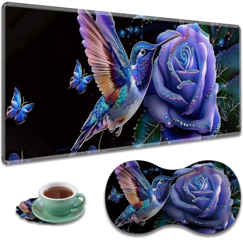 Large Gaming Mouse Pad + Wrist Rest+ Coaster Combo, 31.5 "x 11.8" Durable Non-Slip Extension Table Mat, Suitable for Office and Home, Hummingbird Flower - color: Hummingbird Flower