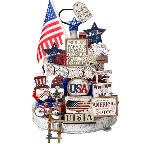 20 Pcs 4th of July Patriotic Tiered Tray Decor Red White and Blue USA Flag Wood Signs Rustic Memorial Day Wooden Tiered Tray Decoration for Independence 250th Anniversary Labor Home Party - style: Vivid Style