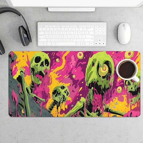 Zombie Skull Gaming Mouse Pad, Rubber, Vibrant Purple, Green and Black Design, 35.4 x 15.7 Inches - color: Skeleton