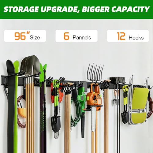 PIYILO Garage Wall Organizer, 96 in Garden Tool Organizer with 12 Adjustable Garage Hooks and 3 Storage Straps, Heavy Duty Tool Holder Wall Mount for Garden & Shed Tools - size: 96 inch 12-Hook