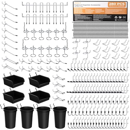 INCLY 280PCS Upgraded Pegboard Accessories Organizer Kit, Peg Board Hooks Assortment with Bins & Cups for Organizing Tools, Fit 1/8 or 1/4 inch Pegboard for Garage Workshop Wall Hanging Tools - size: 280 PCS