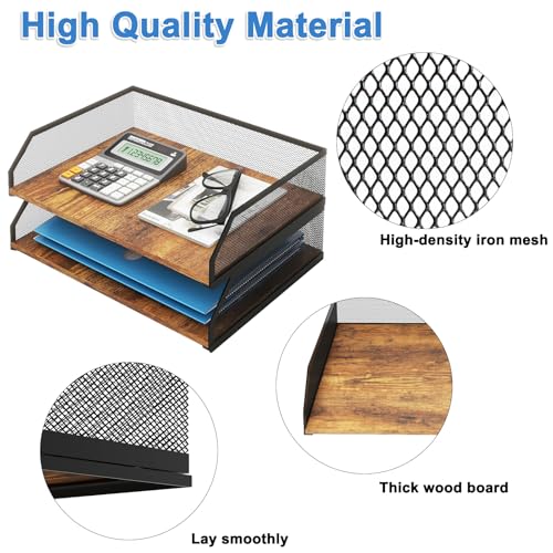 Natwind 2-Tier Stackable Metal Mesh Paper Tray Organizer,Retro | Wooden Desk Organizer, Letter Tray For Desktop,File Holder For Home Office School Classroom Organization - size: 12.6" x 9.8" x 5.9"