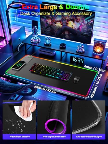 Wireless Charging Mouse Pad Gaming, 31.5"x15.8" Large Desk Mat, Waterproof | RGB Mousepad, Smooth Glide, Stitched Edge, Non-Slip Rubber Base, Desk Pad Computer Keyboard Mat, No Adapter