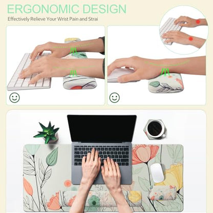 Petmolico Mouse Pad Set Wrist Rest with Keyboard Desk Pad,Mouse Pad with Wrist Rest,Typing Wrist Pad and Cup Coasters,Ergonomic Design for Typing Pain Relief[Light Brown,Big Flower] - color: Green
