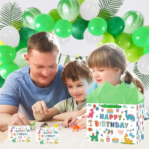 Hooqict Large Dinosaur Gift Bag Happy Birthday Gift Bag with Handles, Wrapping Tissue Paper and Greeting Cards for Kids Boys 1st 2nd 3rd Dinosaur Birthday Party Supplies Baby Showers - color: Dinosaur