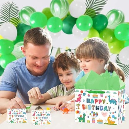 Hooqict Large Dinosaur Gift Bag Happy Birthday Gift Bag with Handles, Wrapping Tissue Paper and Greeting Cards for Kids Boys 1st 2nd 3rd Dinosaur Birthday Party Supplies Baby Showers - color: Dinosaur