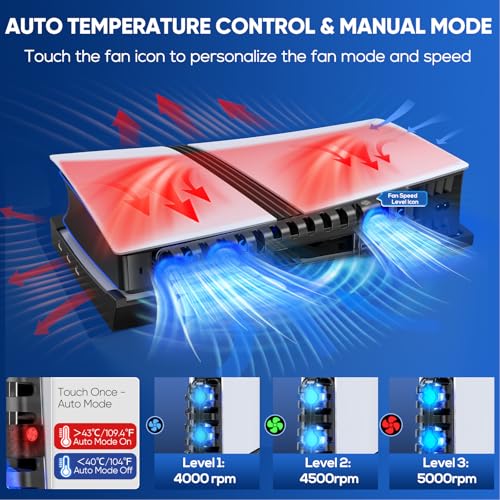 FASTSNAIL Horizontal Stand & Cooling Fan for PS5 Pro/Slim Console, Auto Fan Speed by Temperature and Controller Charger Station, Efficient Cooling System with 3 Fans & 2 USB 3.0 and 3 USB 2.0 Hub - color: Black