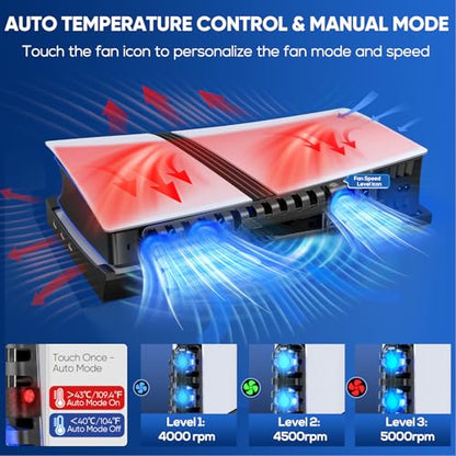 FASTSNAIL Horizontal Stand & Cooling Fan for PS5 Pro/Slim Console, Auto Fan Speed by Temperature and Controller Charger Station, Efficient Cooling System with 3 Fans & 2 USB 3.0 and 3 USB 2.0 Hub - color: Black