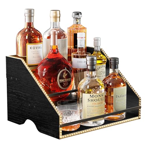 Nuovoware LED Lighted Liquor Bottle Display Shelf, 3 Step Wood Countertop Liquor Rack with Fences & Portable Handles, 12-Bottle Whiskey Display Retro Wine Rack for Home Bar Party, Carbon Black - color: Carbon Black, size: 3 Tier