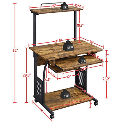 Yaheetech 3 Tiers Rolling Computer Desk with Keyboard Tray and Printer Shelf for Home Office, Mobile Computer Desk for Small Space, Retro Computer Table Compact PC Laptop Workstation, Rustic Brown - color: Rustic Brown