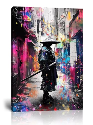 HQLLingArt Graffiti Japanese Samurai Wall Art for Living Room Bedroom Home Decorations Graffiti Samurai Picture Poster Canvas Prints Modern Artwork Framed Ready to Hang(12''W x 16''H) - color: samurai art-17, size: 12"L x 16"W