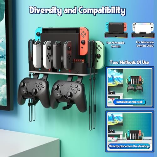 Switch/OLED Wall Mount with RGB,Switch Organizer with Holder,Charging Dock for Joycon with 15 Light Mode,2 USB Ports,4 Controller Charger,10 Card Slots - size: For Switch/OLED