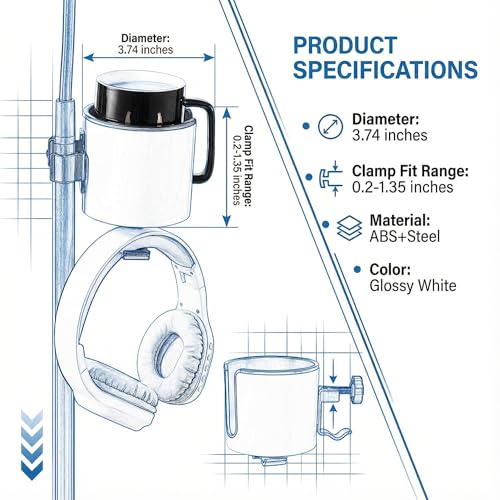 2-in-1 Microphone Stand Cup Holder with Headphone Hanger, Vertical Mount Clamp for Musicians, Studios, Live Performance, Professional Audio Accessories