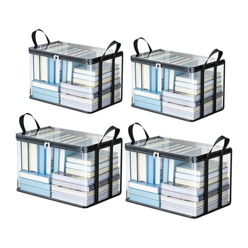 4 PCS Clear Book Storage Containers with Lids - Durable Comic Book Protector & Media Organizer - Collapsible Vinyl Storage Bags with Zipper for Books, Blu-Rays, Office Supplies - 15" x 9.5" x 12.5" - color: Black, size: 4-Pack