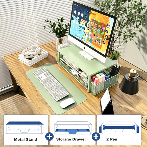 OPNICE Desk Organizers and Accessories, 2-Tier Computer Monitor Stand Riser with Drawer and 2 Pen Holders, Laptop Stand, Office Desk Accessories for Office Supplies, Green - color: Green 1-Pack, size: With Drawer and 2 Pen Holders