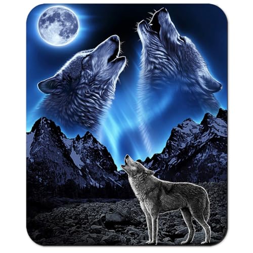 Wolves Howling at The Moon Mouse Pad, Bright Moon Great Mountain Desk Mat | Grey Wolf Fantasy Design, Anti-Slip Rubber Base, Silky Smooth Surface, Cute Office/Gaming Mousepad - color: color_CC15