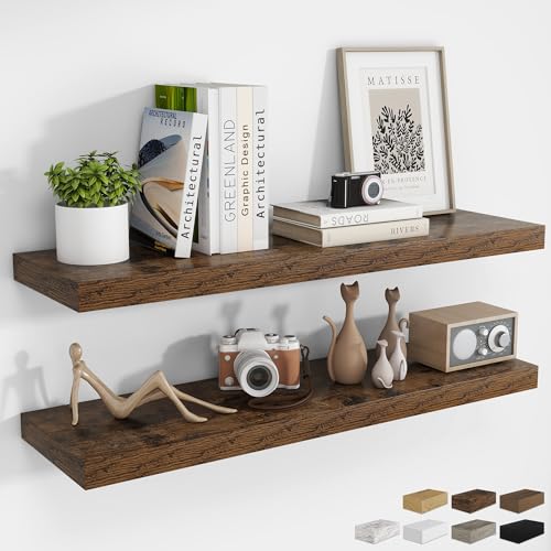 RICHFOCUS 40Inch Floating Shelves for Wall 2 Pack Shelves for Bedroom|Kitchen|Bathroom Wall Mounted Rustic Wood Floating Shelf with Invisible Brackets for Books|Storage|Decor, Rustic Brown - color: Rustic Brown, size: 39.4"L x 8"D, Set of 2