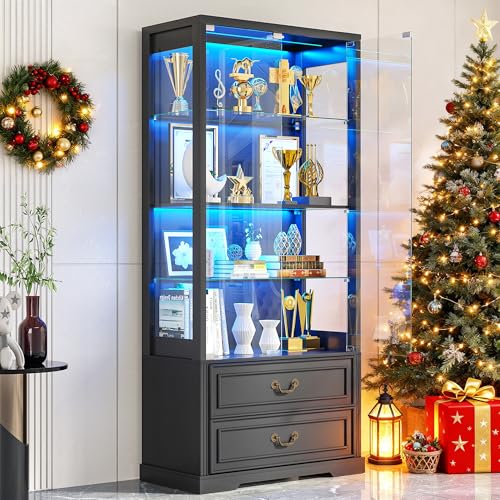 TAGELIER 67" Tall Display Cabinet with Glass Doors and 2 Drawers | Curio Cabinet with Motion Sensor, Led Light Display Cases for Collectibles and Books, China Display Shelf for Living Room - color: 97047-black